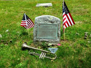 Beany's trumpet at his grave on Memorial Day, 2019